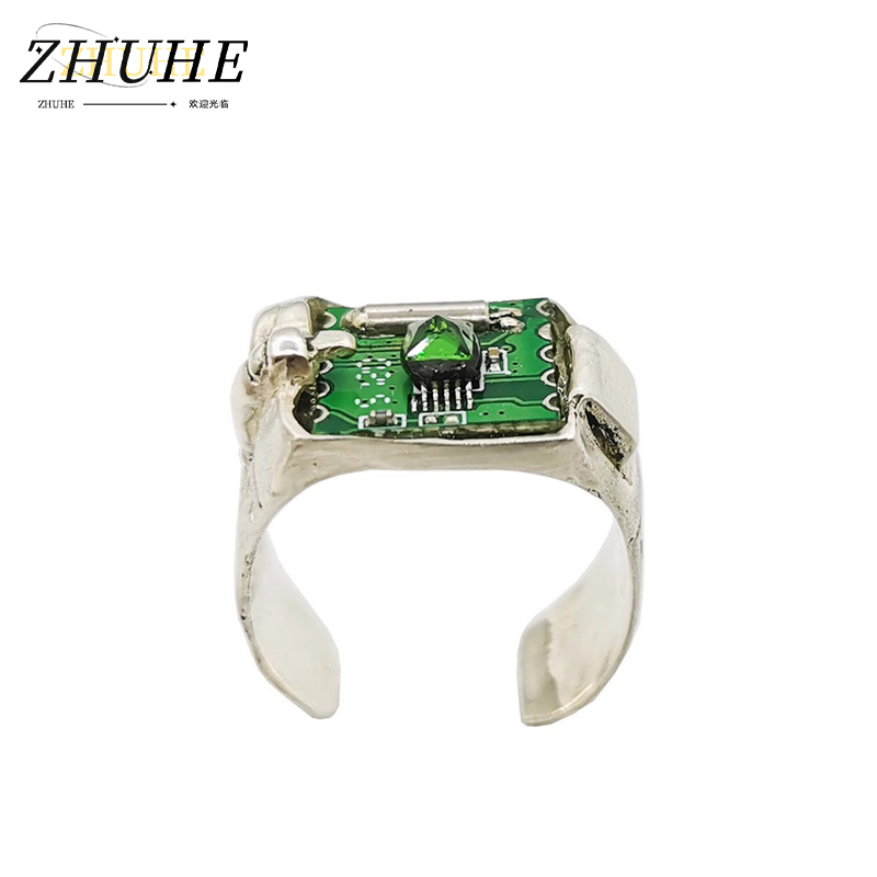 Tech Accessories Industry - เครื่องประดับแหวน PCB สไตล์เรโทรเทคสำหรับผู้ชายและผู้หญิง แหวนทองแดงผสมปรับขนาดได้ ประดับคริสตัลสีเขียว สไตล์อินดัสเทรียลสุดเท่