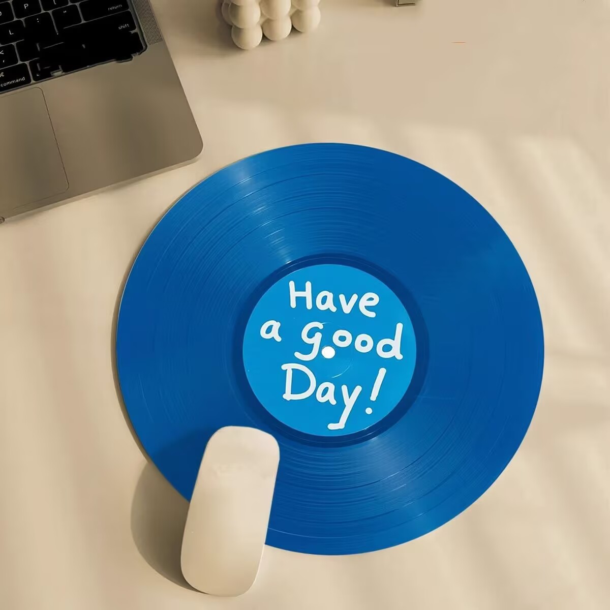 Tech Table Accessories - แผ่นรองเมาส์ทรงกลมกันลื่น แผ่นรองเมาส์สีน้ำเงินสไตล์แผ่นเสียงไวนิล สำหรับใช้ในบ้าน สำนักงาน เล่นเกม อุปกรณ์เสริมแล็ปท็อป