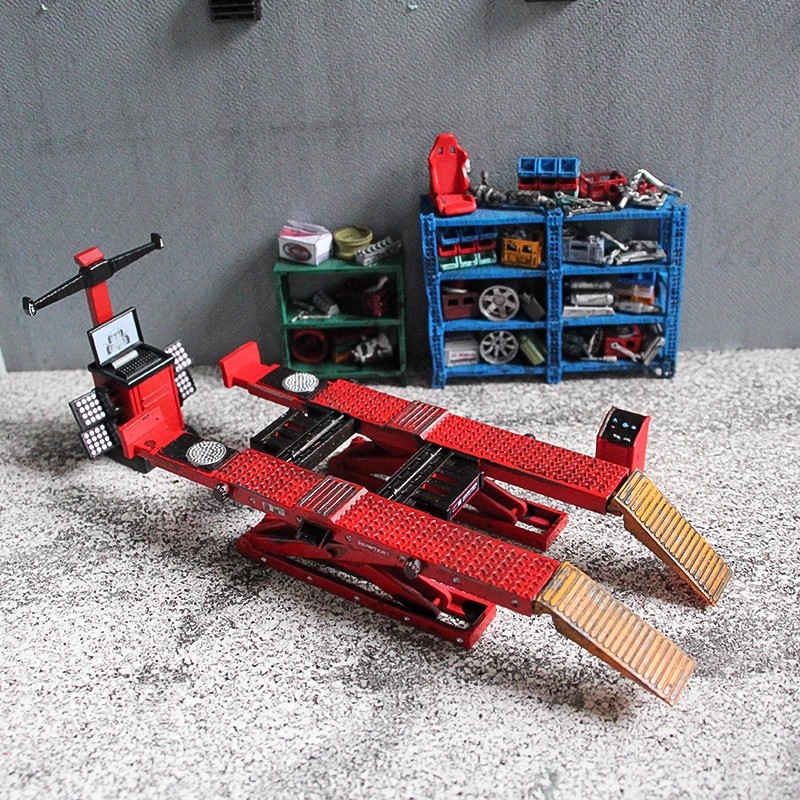 Tech Table Accessories - 1:64 อุปกรณ์เสริมฉากโรงรถ ชุดโต๊ะเครื่องมือซ่อมรถยนต์ โมเดลการจัดตำแหน่งล้อรถ ฉากการ์ดีโอของช่างซ่อมรถ DIY